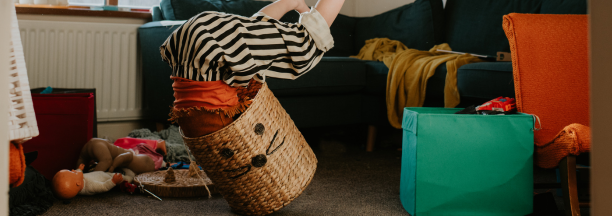 Child plays in basket
