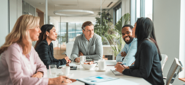 Five employees sitting around a conference table
